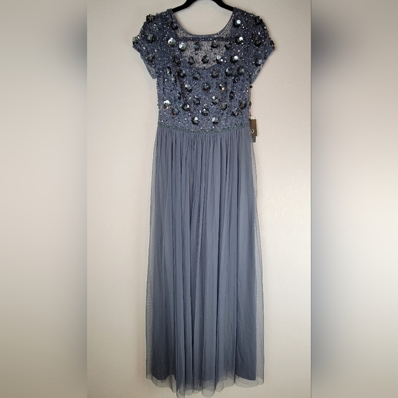 NWT Adrianna Papell Floral Beaded Top w/Tulle Chiffon Gown in Dusty Blue Size 6 - Picture 2 of 15